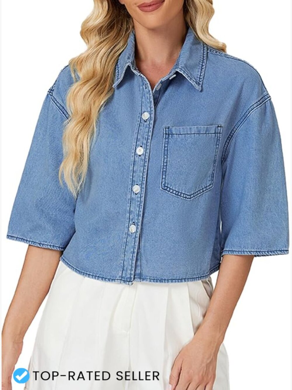 Cropped Denim Jacket Lightweight Casual Boxy Fit Short Sleeve Button Down